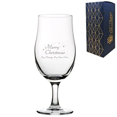 Image of Personalised Engraved Merry Christmas Draft Stemmed Beer Glass, 20oz/590ml Tulip, Thoughtful Customised Gift, Laser in The UK, Dishwasher Safe Clear