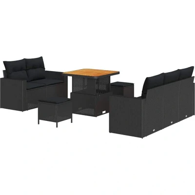 Image of vidaXL 8 Piece Garden Sofa Set with Cushions Black Poly Rattan Acacia