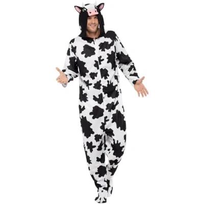 Image of Smiffys Cow Costume, Black &amp; White with Hooded Jumpsuit, Children&#039;s Animal Fancy Dress, Dress Up Costumes