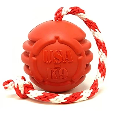 Image of SodaPup USA K9 Stars And Stripes Ultra Durable Reward Ball Chew Toy With Rope Red Dog Puppy