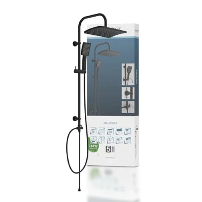 Image of SCHÜTTE Mallorca Shower Set Column with Large Rain Hand 3 Jet Types System Height Adjustable Rail Matte Black