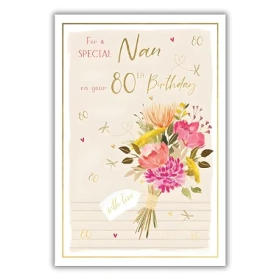 Image of Nan 80th Birthday Card Age 80 Floral Bouquet and Dragonflies Special Finishes Illustrated Insert Leaf Made in the UK