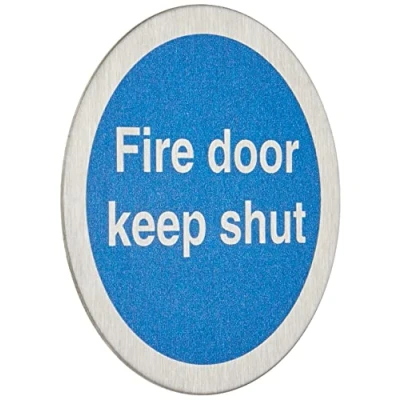 Image of Seco Fire Door Keep Shut Sign, 72mm Diameter 1.2mm Brushed Stainless Steel