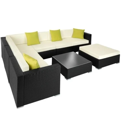 Image of TecTake® Rattan Garden Lounge Set with 6 Chairs, 1 Stool and Table, Modular Sectional self assembly sofa Including 4 extra pillows. furniture for Patio, Garden, Balcony black