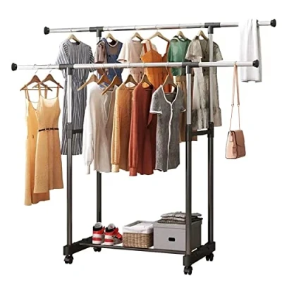 Image of Vivo Technologies Double Rail Adjustable Tidy Rack Mobile Garment Clothes Clothing Stand on Castor Wheels with Hanging and Storage Shelf