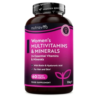 Image of Women&#039;s Multivitamins and Minerals 24 Essential Active Vitamins with Added Hyaluronic Acid 60 Vegan Tablets No Synthetic Fillers or Binders Made in The UK by Nutravita