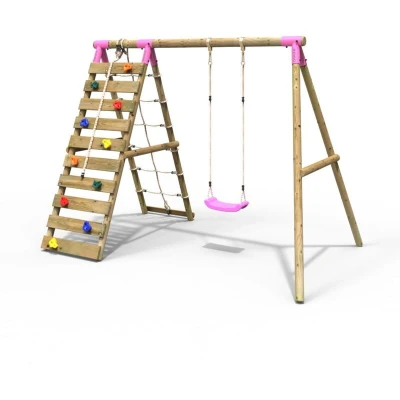 Image of Rebo® Wooden Swing Set with Up and Over Climbing Wall Aria Pink OutdoorToys Knotted Rope, Seat, Sturdy Construction, Pressure Treated Timber