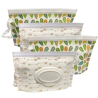 Image of ULVBABI Portable Wet Wipe Pouch Dispenser (4 Pack), Reusable Baby Diaper Disposal Bags, Refillable Personal Travel Clutch Holder Keeps Wipes Moist (Arrow &amp; Leaf Pattern)