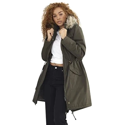 Image of Ladies Charlotte Fishtail Parka Long Coat with Faux Fur Trimmed Hood (12, Khaki)