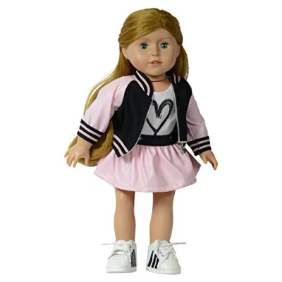 Image of The New York Doll Collection Bomber Jacket Set (Pink) For Fashion Girl Dolls Includes Zip Up Jacket, T shirt and Skirt Fits All 18 Inch/46cm Clothes Accessories