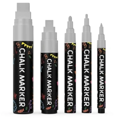 Image of 5 Silver Chalkboard Chalk Pens Dry Erase Markers for Blackboard, Signs, Windows, Glass Variety Pack Fine &amp; Jumbo Size Ink Pen (1mm, 3mm, 6mm, 10mm, 15mm)