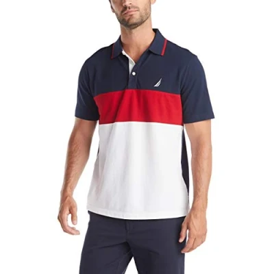 Image of Nautica Men&#039;s Short Sleeve 100% Cotton Pique Color Block Polo Shirt, Navy, XL UK