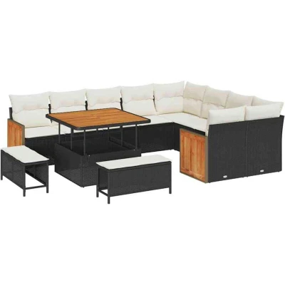Image of vidaXL 12 Piece Garden Sofa Set with Cushions Black Poly Rattan Acacia
