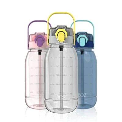 Image of BOZ Water Bottle with Straw BPA Free Plastic Bottles Dual Lid, 1.8 L / 60oz, Leak Proof Sports Bottle, Extra Large For Gym, Hiking, Bicycle, Workout (Black)