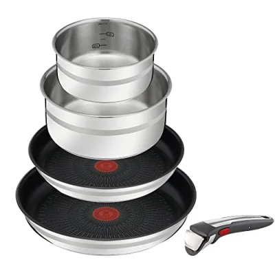 Image of Tefal L97696 Jamie Oliver Ingenio G6 5 Piece Pans and Pot Set, Oven Safe up to 250 C Without Handle, Thermo Signal, PFOA Free, Suitable for All Cookers Including Induction, Stainless Steel/Black