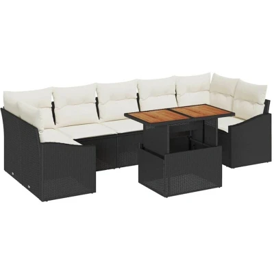 Image of vidaXL 8 Piece Garden Dining Set with Cushions Black Poly Rattan Acacia