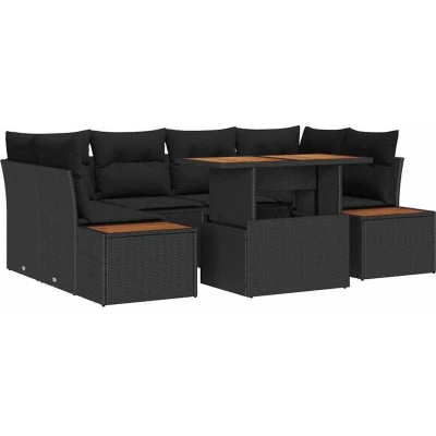Image of vidaXL 7 Piece Garden Dining Set with Cushions Black Poly Rattan Acacia