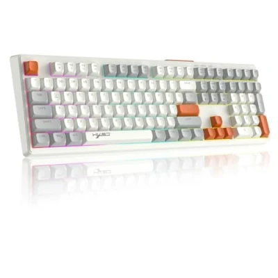 Image of V300 108 Wired Gaming Keyboard QWERTY RGB Rainbow Backlit Light up with Membrane Keys Full Size Multimedia Ergonomic ABS SA Spherical keycaps for PC Gamers, Laptop Gray White