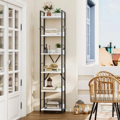 Image of YITAHOME Bookcase 6 Tiers, Floor Standing Book Shelf with 4 Hooks, Wooden and Metal Frame Rack Industrial Tall unit Storage for Living Room, Home Office, Marble Texture Bookshelf