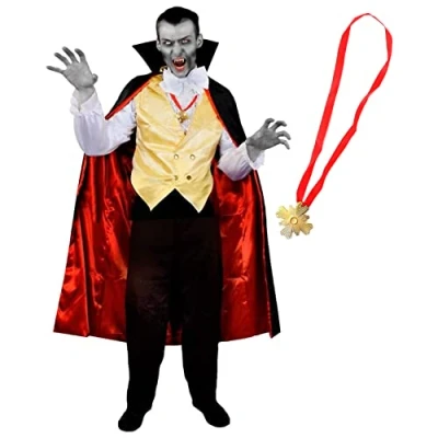 Image of Mens Vampire Costume Small Gold Waistcoat, White Shirt, Medal Necklace, Bowtie, Black Cape Adults Halloween Fancy Dress