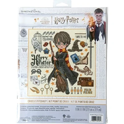 Image of Dimensions 70 35416 Magical Design Harry Potter Counted Cross Stitch Kit for Beginners, 11&quot; x 11&quot;, 14 Cnt. Ivory Aida, 4pcs