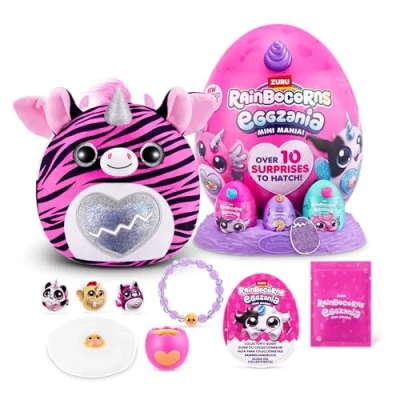 Image of Rainbocorns ZURU Eggzania Mini Mania, Zebra, by Plush Surprise Unboxing with Animal Soft Toy, Idea for Girls Imaginary Play (Zebra)