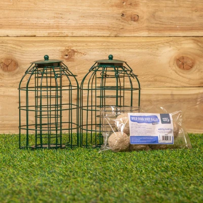 Image of Pack of 2 Samuel Alexander Metal Hanging Bird Fat Ball Feeder with Squirrel Guard &amp; 6 Suet Balls