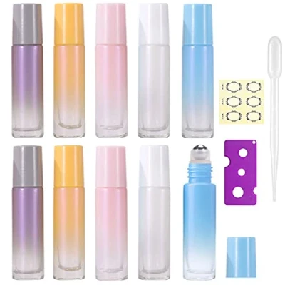 Image of Yalbdopo 10Pcs, 10Ml Empty Essential Oils Roller Bottles Colorful Glass Roll Bottle with Stainless Steel Rollerball for Oils/Aromatherapy/Fragrance (Included 12 Label/Opener/Dropper)