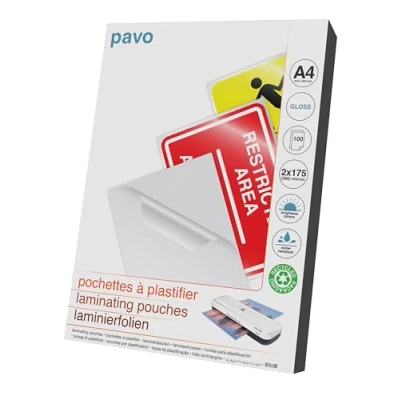 Image of Pavo Laminating Pouches A4 2x175 mic, Glossy Pack of 100
