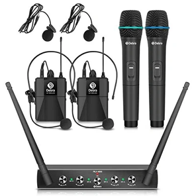 Image of Debra Audio Pro UHF 4 Channel Wireless Microphone System With Cordless Handheld Lavalier Headset Mics, Metal Receiver, Ideal For Karaoke Church Party (With 2 &amp; Bodypack (A))