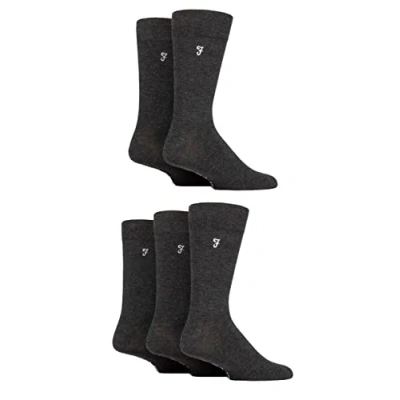 Image of Mens 5 Pair Farah Plain, Striped and Patterned Everyday Bamboo Socks Plain Charcoal 6 11