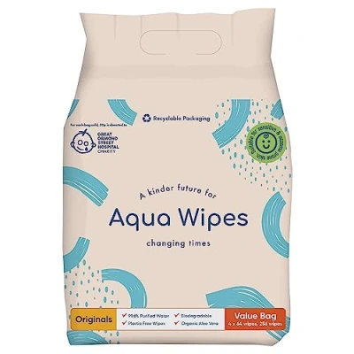 Image of Aqua Wipes Originals Baby Vegan Friendly Biodegradable Natural 99.6% Purified Water Dermatologically Tested Eco Organic with Aloe Vera Leaf Extract Bundle of 4 packs