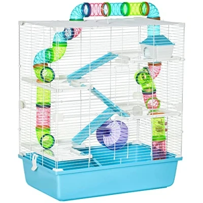 Image of PawHut 5 Tier Hamster Cage, Gerbil Cage with Tube, Water Bottle, Exercise Wheel, Food Dish, 59 cm x 36 69 Light Blue