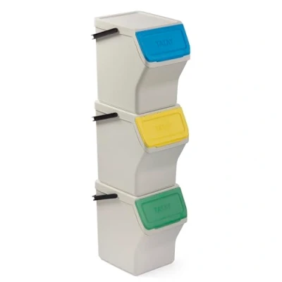 Image of TATAY Set of 3 modular and stackable garbage cans. 20L capacity each. Polypropylene. Colored lids with hinged opening. Wide front Carrying handle. White. 36 x 35 27 cm.