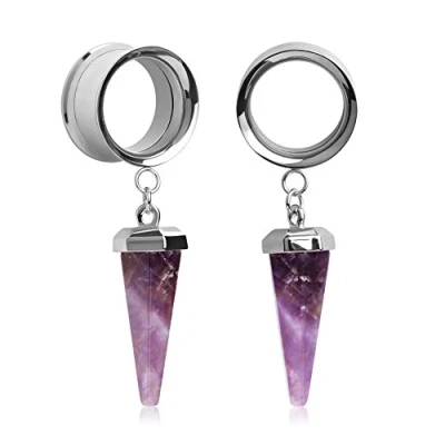 Image of KUBOOZ 1 pair of stainless steel amethyst stone pendant ear plugs tunnels gauges stretch piercings, 316L