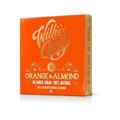 Image of Willie&#039;s Cacao No Added Sugar Chocolate bar 100% with Orange &amp; Almond 50g x 12 Rio Maranon naturally sweetened fruit and nuts Vegan