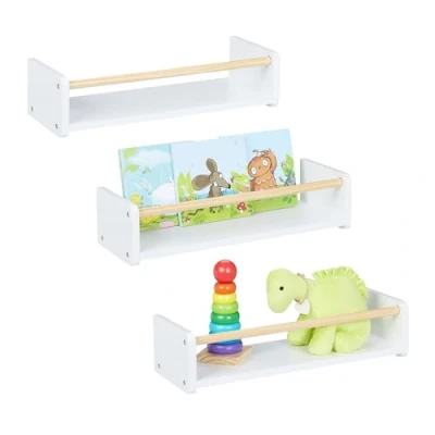 Image of Relaxdays Children&#039;s Wall Shelves, Set of 3, Kids Bookshelves, Playroom &amp; Nursery, HxWxD: 12 x 50 18 cm, White/Natural, Wood, Fibreboard