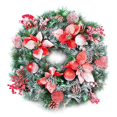 Image of Best Artificial Frosted Red Decorated Christmas Wreath with 30 Bright White LED Battery Waterproof Lights (60cm Wreath)