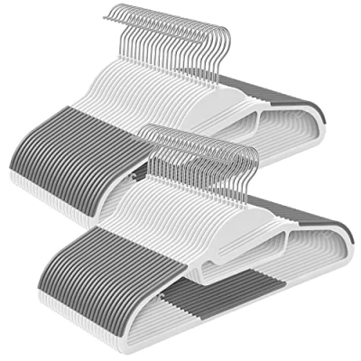 Image of SONGMICS Set of 50 Plastic Hangers, Coat Hangers with U Shaped Opening, Non Slip, Space Saving, 0.5 cm Thick, 41.5 Long, 360 Swivel Hook, White and Dark Grey CRP041W04