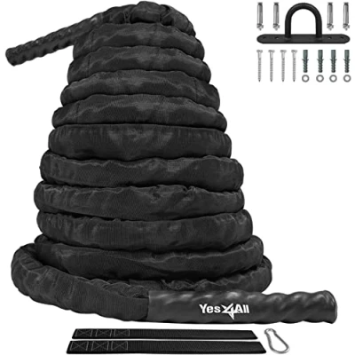 Image of Yes4All Battle Exercise Training Rope with Protective Cover Steel Anchor &amp; Strap Included 38mm / 50mm Diameter Poly Dacron 9m, 12m, 15m Length, Black, 12m