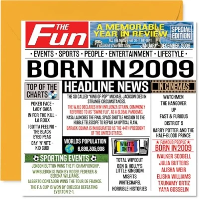 Image of 15th Birthday Cards for Boys Girls Born In 2009 Newspaper Happy 17 Card Son Daughter Cousin Vintage Retro Back 2009, 145mm x Fifteen Fifteenth Bday Greeting