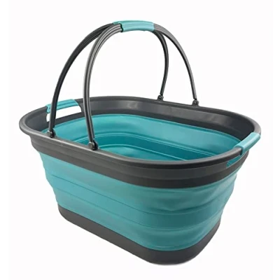 Image of SAMMART 38L Collapsible Plastic Laundry Basket Foldable Storage Container/Organizer Portable Washing Tub Space Saving Hamper (Grey/Crystal Blue)
