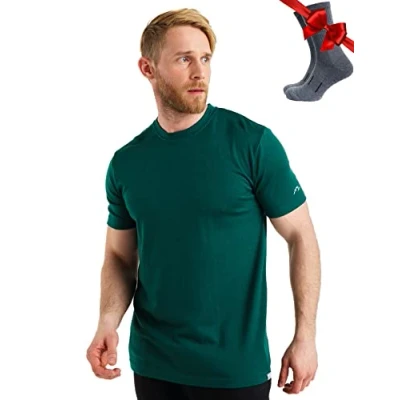 Image of Merino.tech Merino Wool T Shirt Mens 100% Organic Undershirt Lightweight Base Layer + Hiking Socks (Large, Emerald Green)