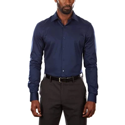 Image of Van Heusen Men&#039;s Dress Shirt Slim Fit Flex Collar Stretch Solid, Night Blue, 15&quot; Neck 32&quot; 33&quot; Sleeve
