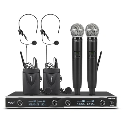 Image of D Debra 440 UHF 4 Channel Wireless Microphone System with 2 Cordless Handheld Mics and Lavalier Headset Mics, Ideal for Karaoke, Party, Church, Wedding, 300 Ft (2 &amp; Bodypack)