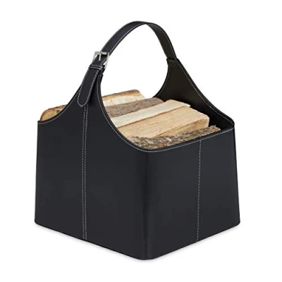 Image of Relaxdays Storage Basket for Firewood, Imitation Leather Log Bin, Carrying &amp; Storing, Fireplace Bag with Handle, Black