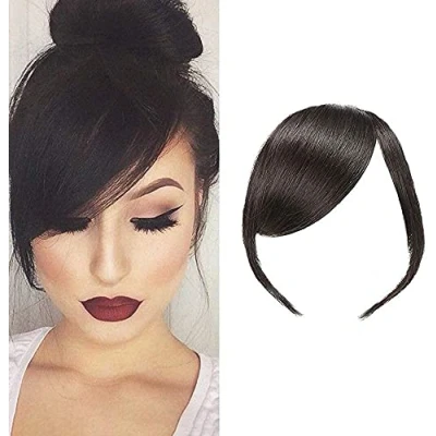 Image of Thick Side Bangs Clip In Real 100% Human Hair Straight Fringe Extensions(Natural Black Color,With Temples)