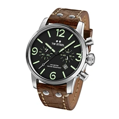 Image of TW Steel Maverick Unisex Quartz Watch with Black Dial Chronograph Display and Brown Leather Strap MS13