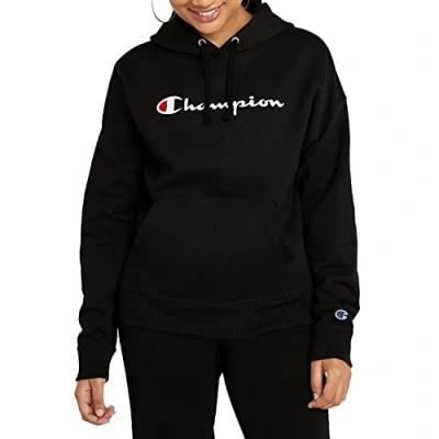 Image of Champion Women&#039;s, Powerblend, Fleece, Comfortable Hoodie Sweatshirt (Plus Hooded, Black Script, XL