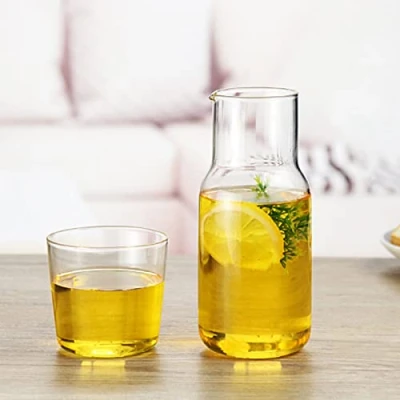 Image of Clear Bedside Water Carafe Set with Tumbler Glass,URMAGIC 15/18 Oz Glass Pitcher Pour Spout,Nightstand Set,Clear Cup Set,Juice Pitcher,Drinking Glass,Mouthwash Bottle